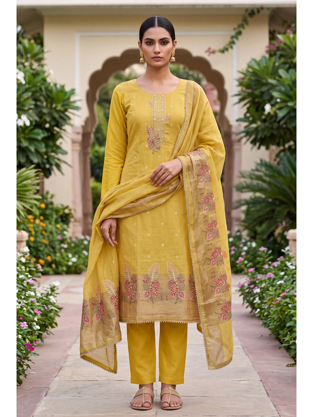 Peachmode Yellow Unstitched Dress Material - Image 3