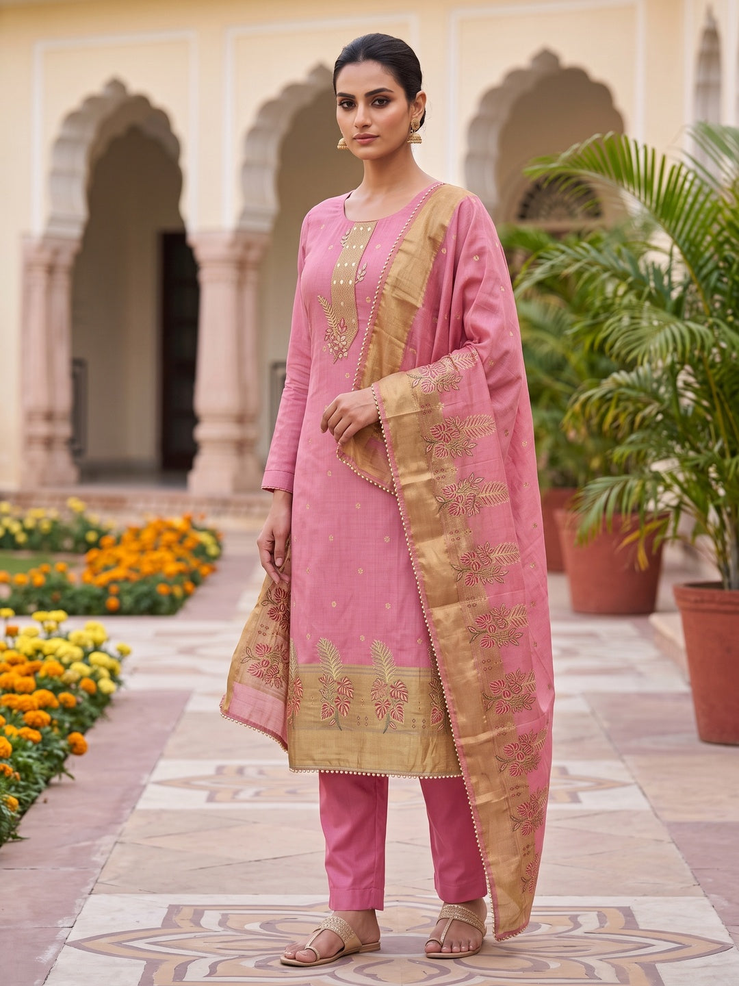 Peachmode Pink Unstitched Dress Material - Image 2