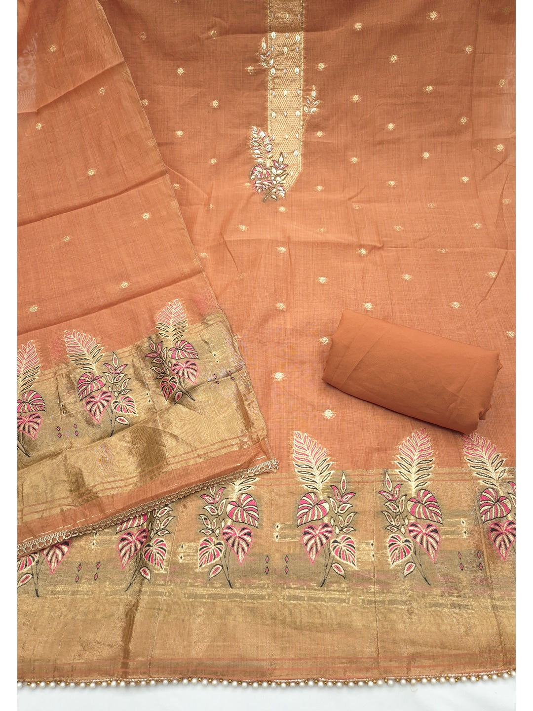 Peachmode Orange Unstitched Dress Material - Image 1