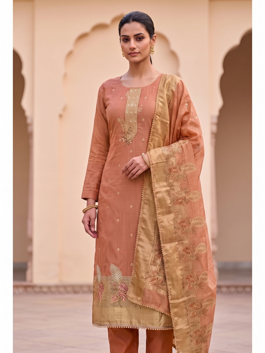Peachmode Orange Unstitched Dress Material - Image 4