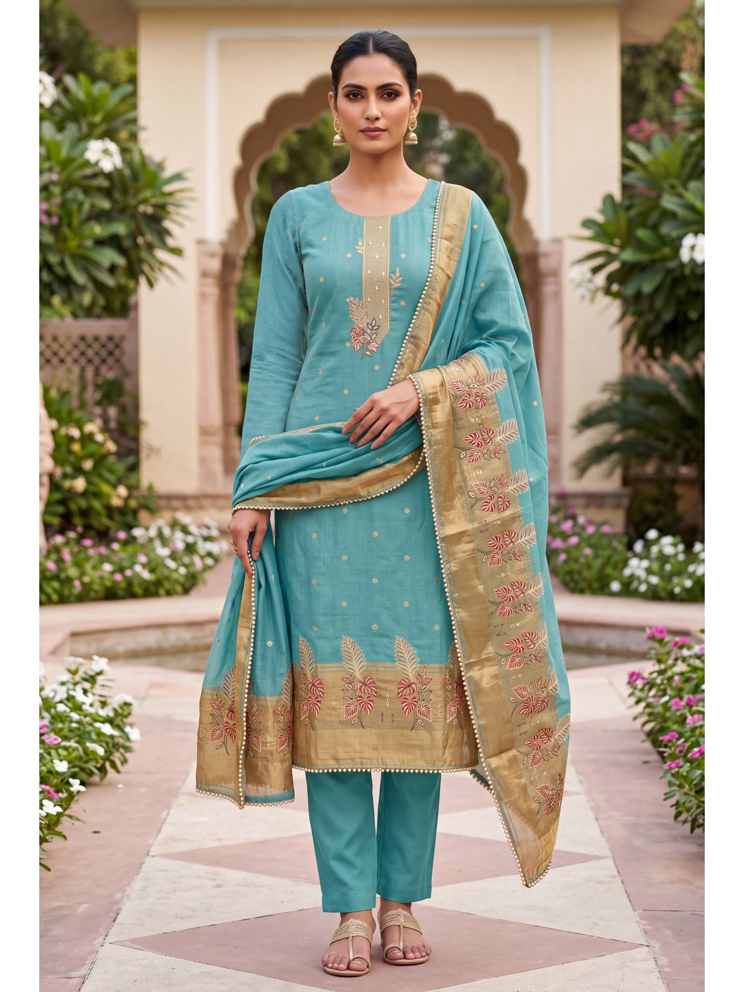 Peachmode Turquoise Unstitched Dress Material - Image 3