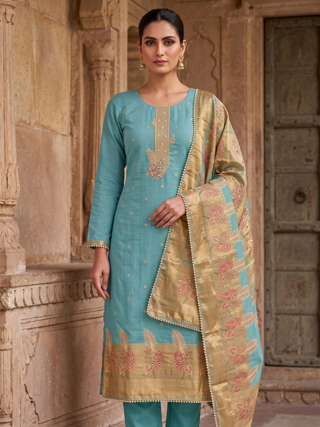 Peachmode Turquoise Unstitched Dress Material - Image 2