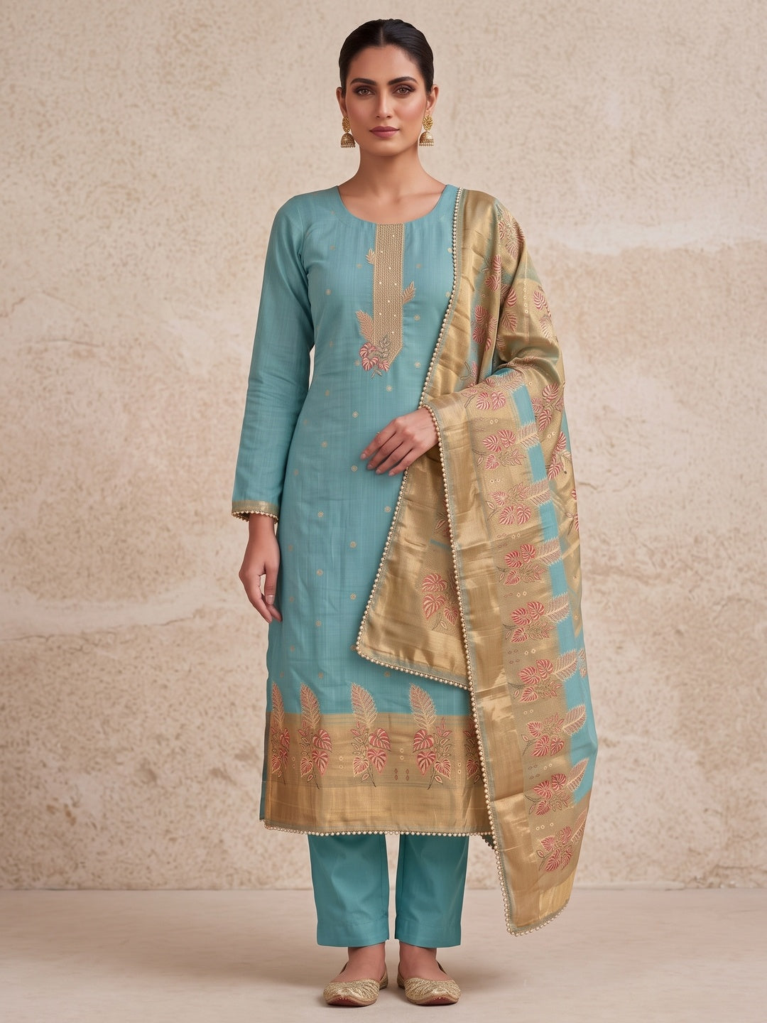 Peachmode Turquoise Unstitched Dress Material - Image 4