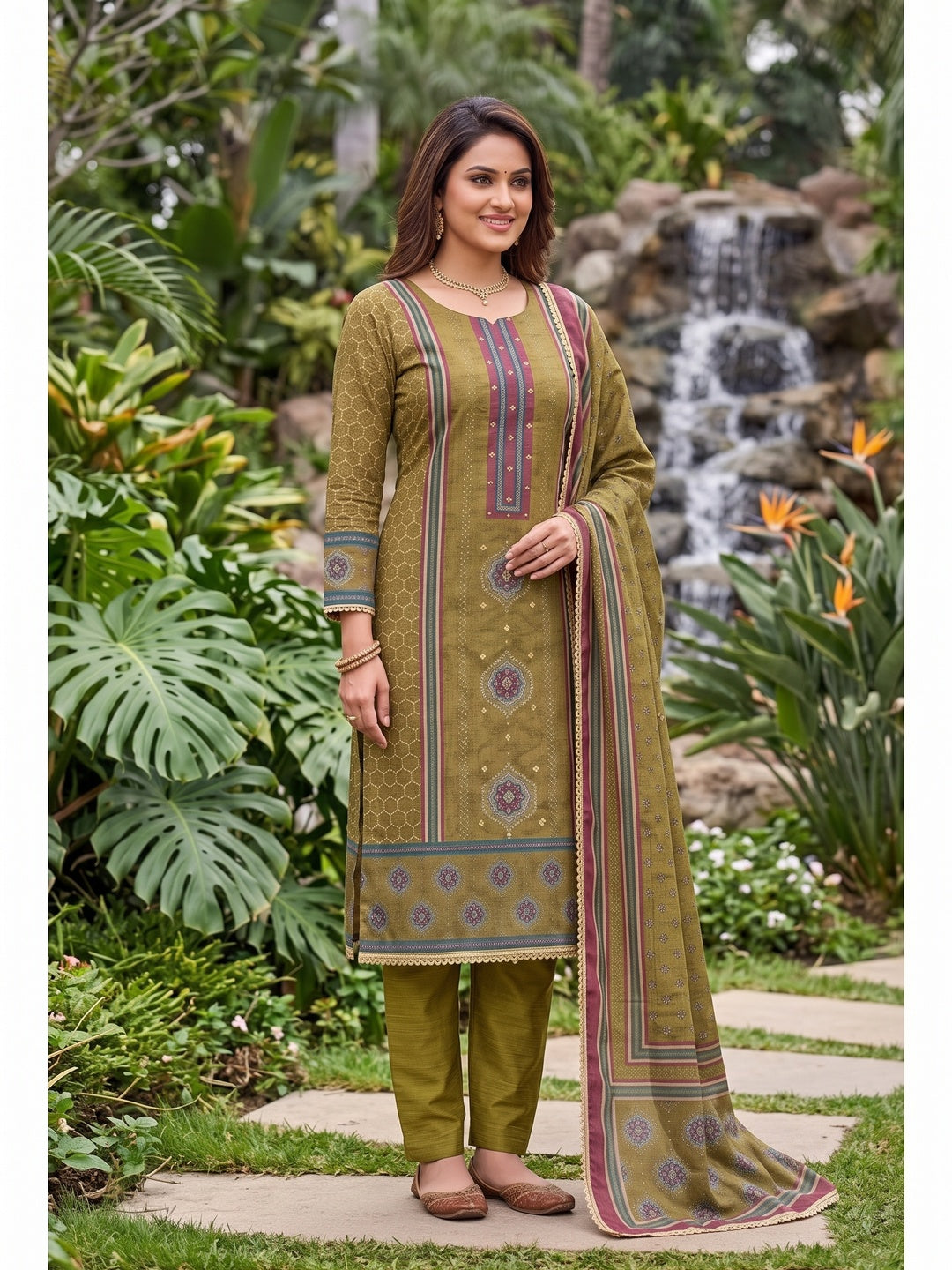 Peachmode Olive Unstitched Dress Material - Image 2