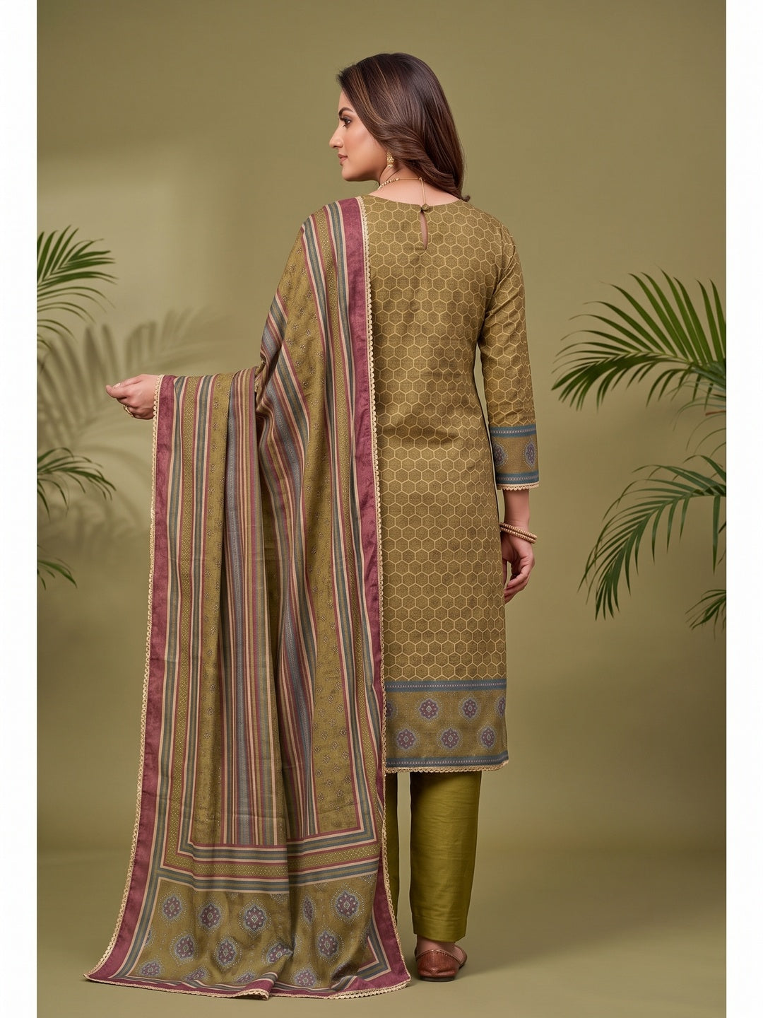 Peachmode Olive Unstitched Dress Material - Image 5