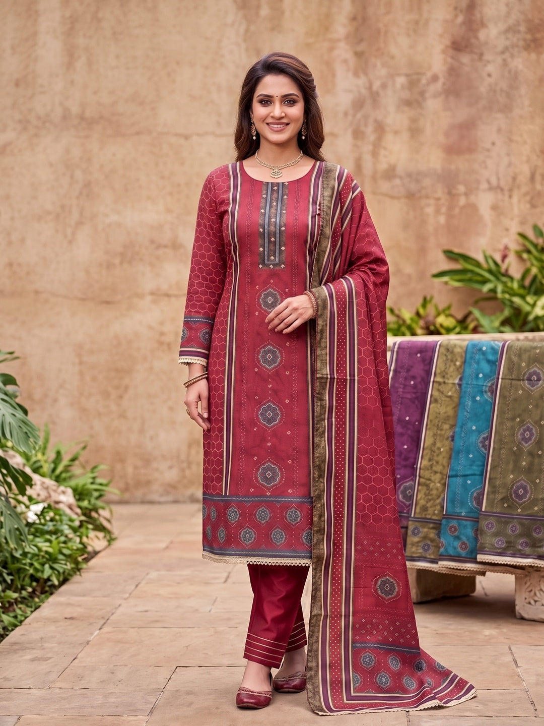Peachmode Maroon Unstitched Dress Material - Image 4