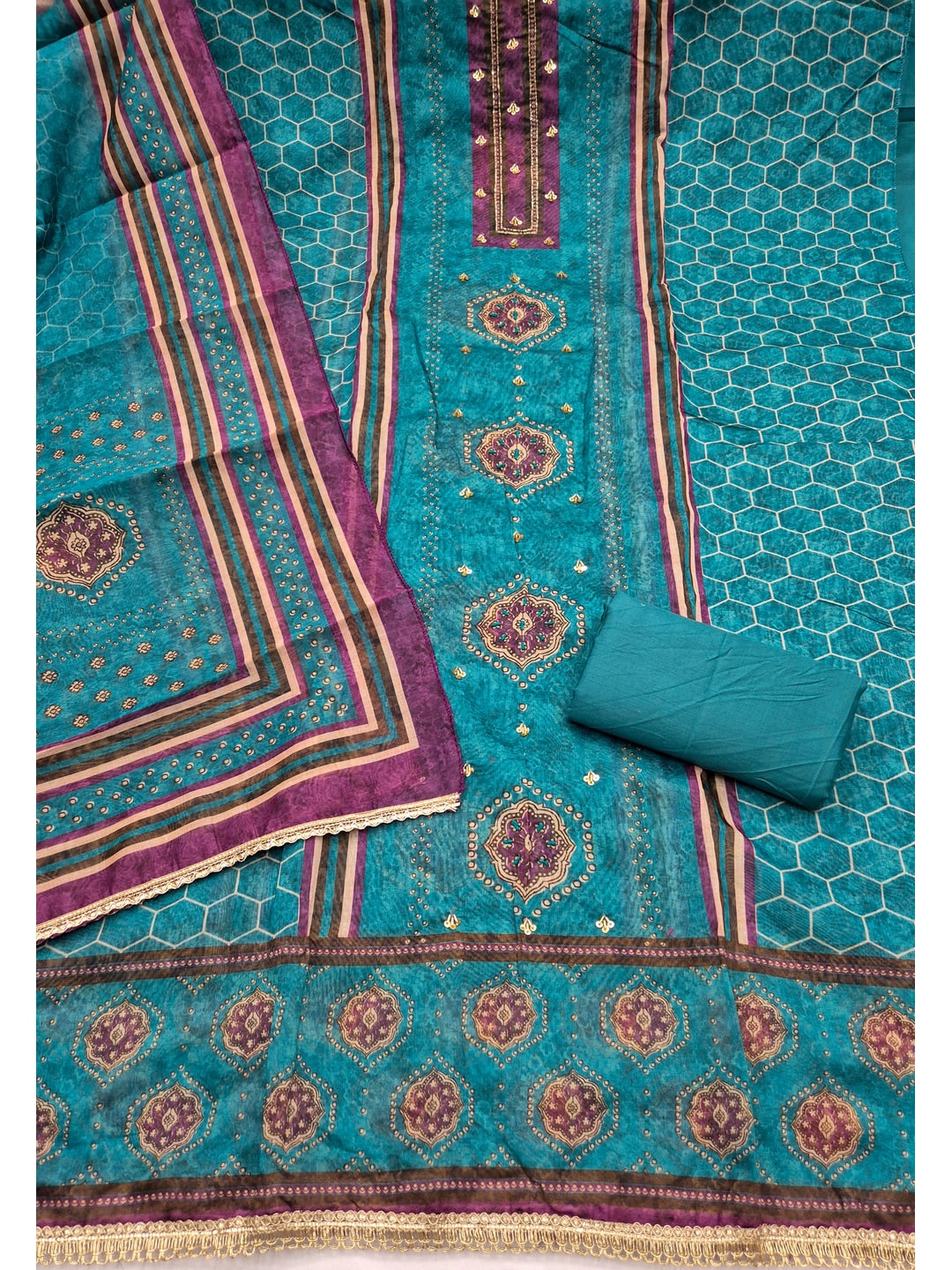 Peachmode Turquoise Unstitched Dress Material - Image 1