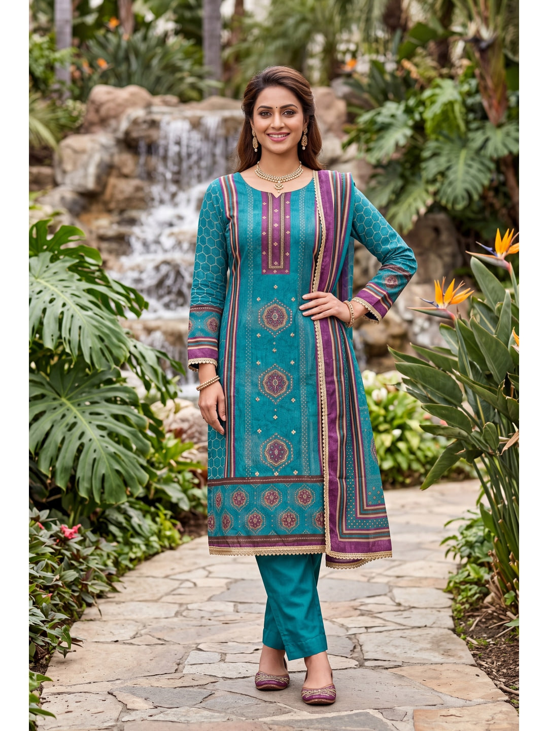 Peachmode Turquoise Unstitched Dress Material - Image 3
