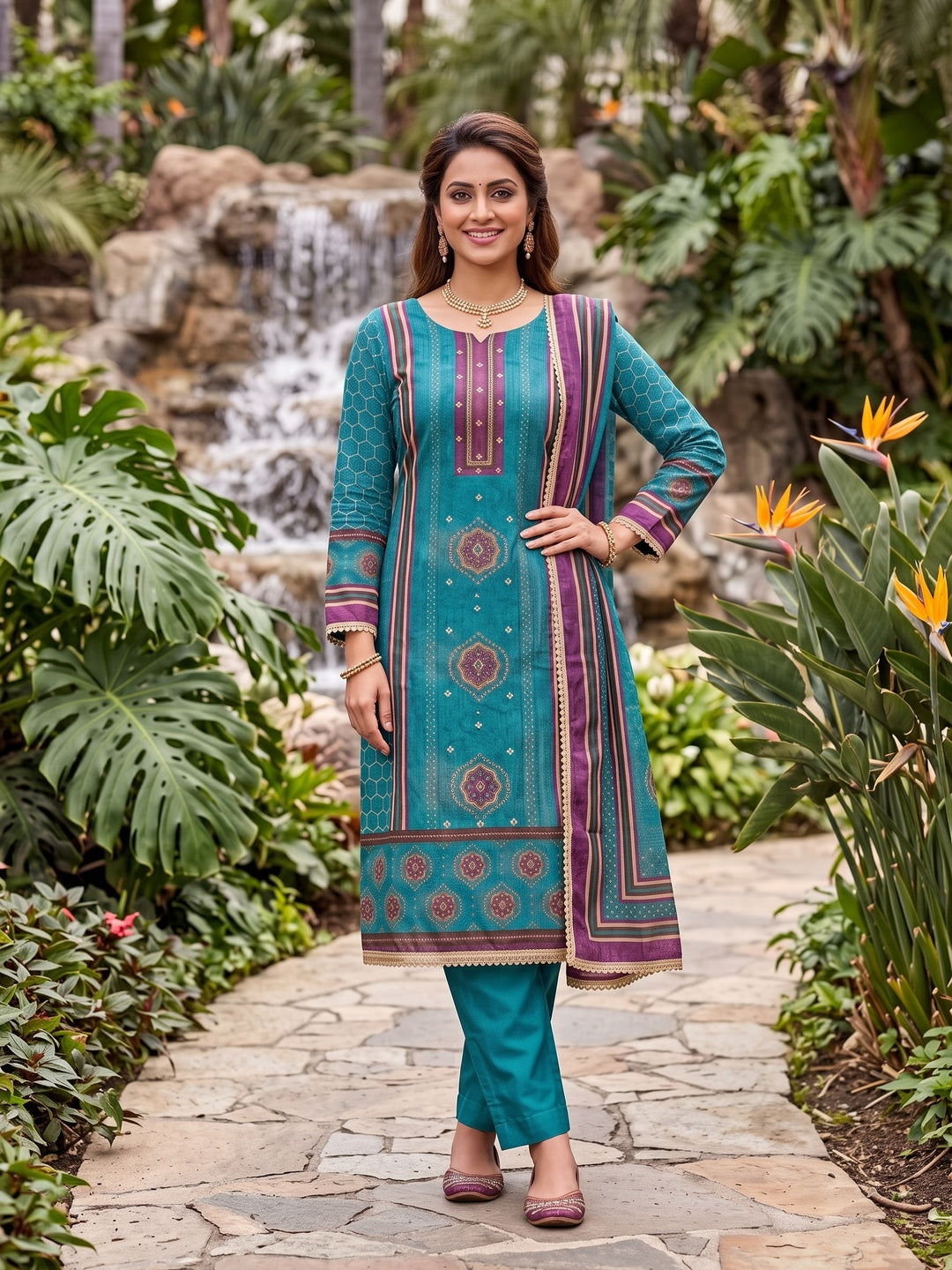 Peachmode Turquoise Unstitched Dress Material - Image 2