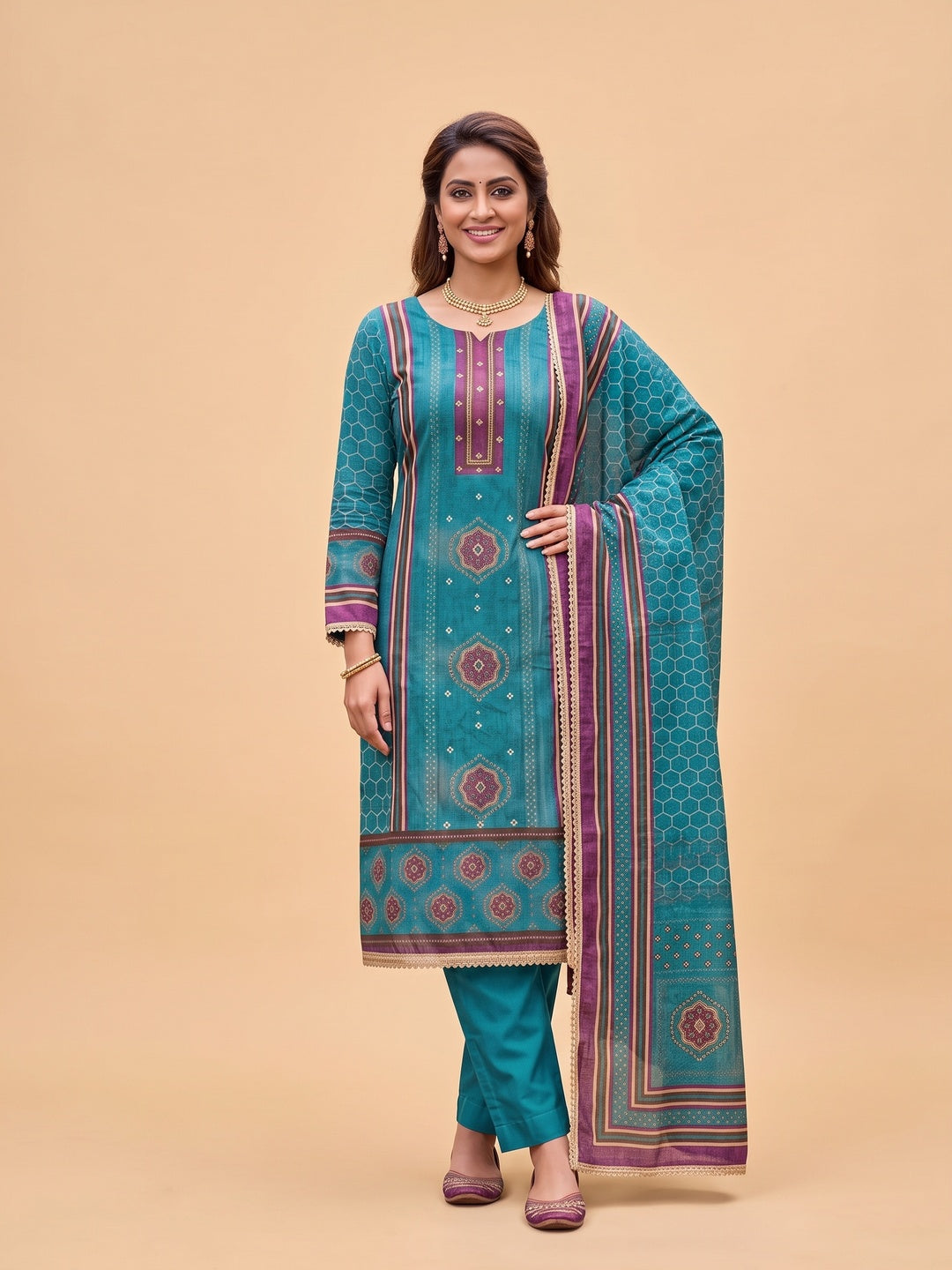 Peachmode Turquoise Unstitched Dress Material - Image 4