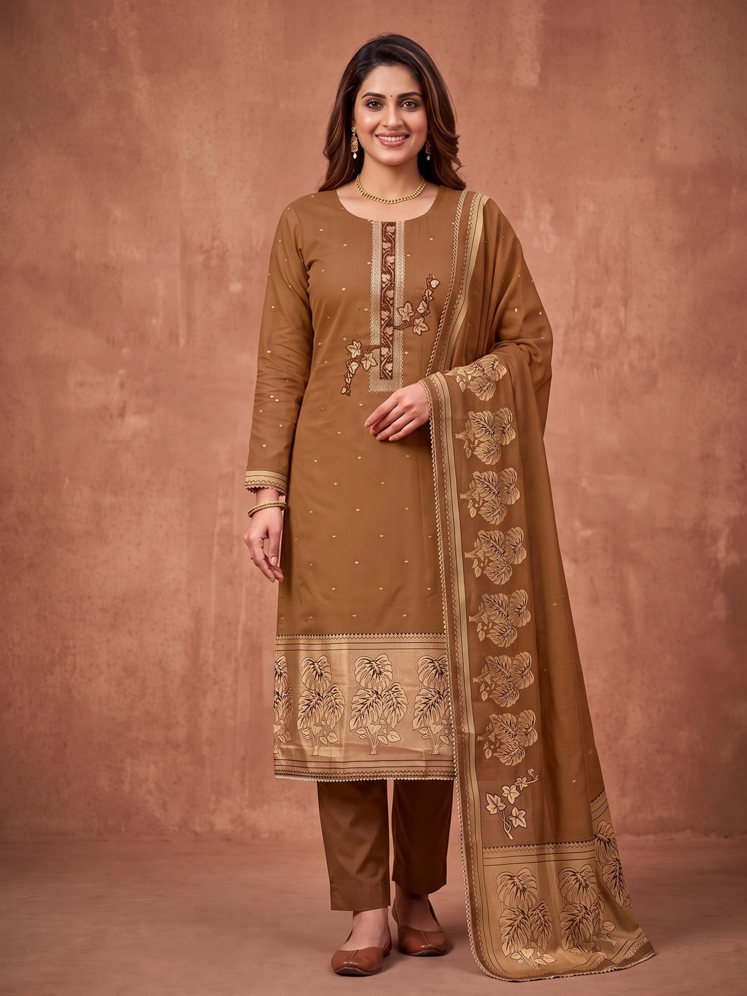 Peachmode Brown Unstitched Dress Material - Image 4