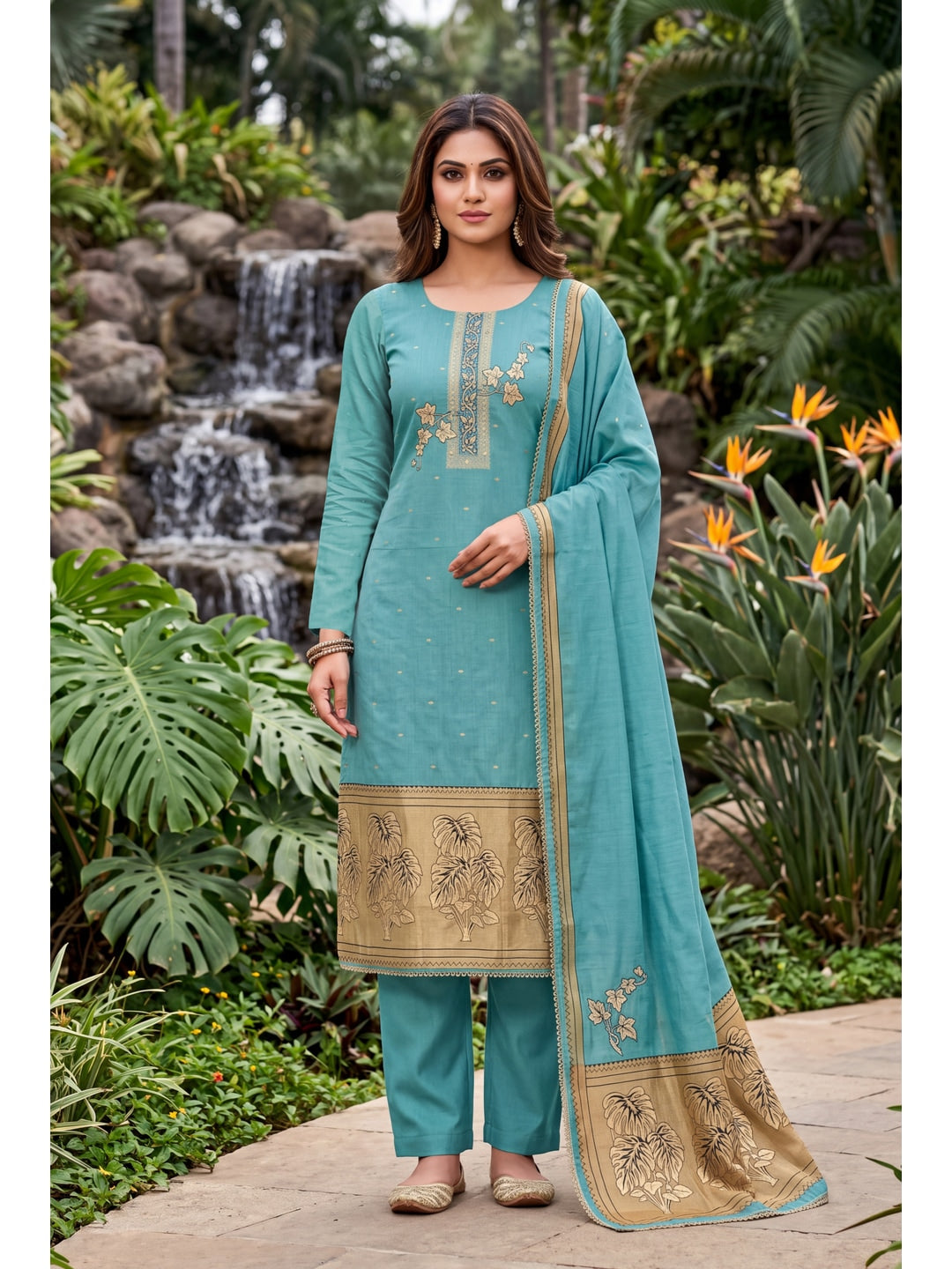 Peachmode Turquoise Unstitched Dress Material - Image 3