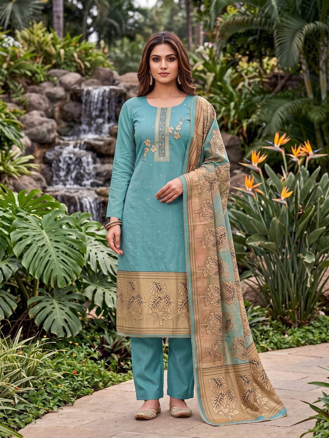 Peachmode Turquoise Unstitched Dress Material - Image 2