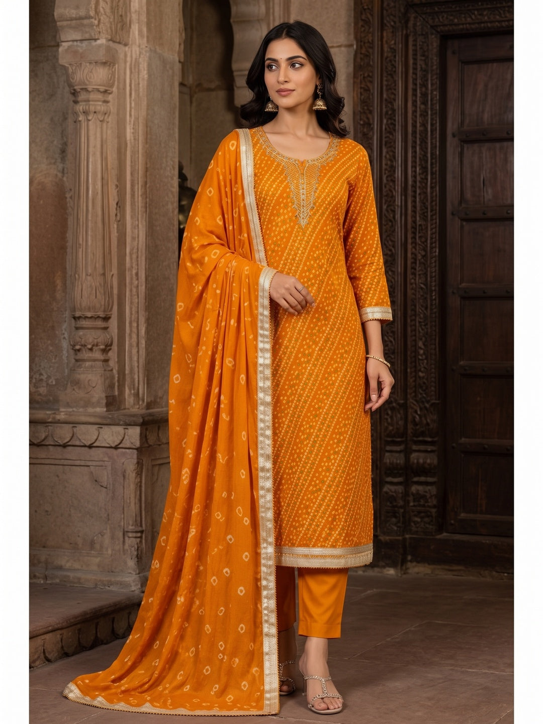 Peachmode Mustard Unstitched Dress Material - Image 2