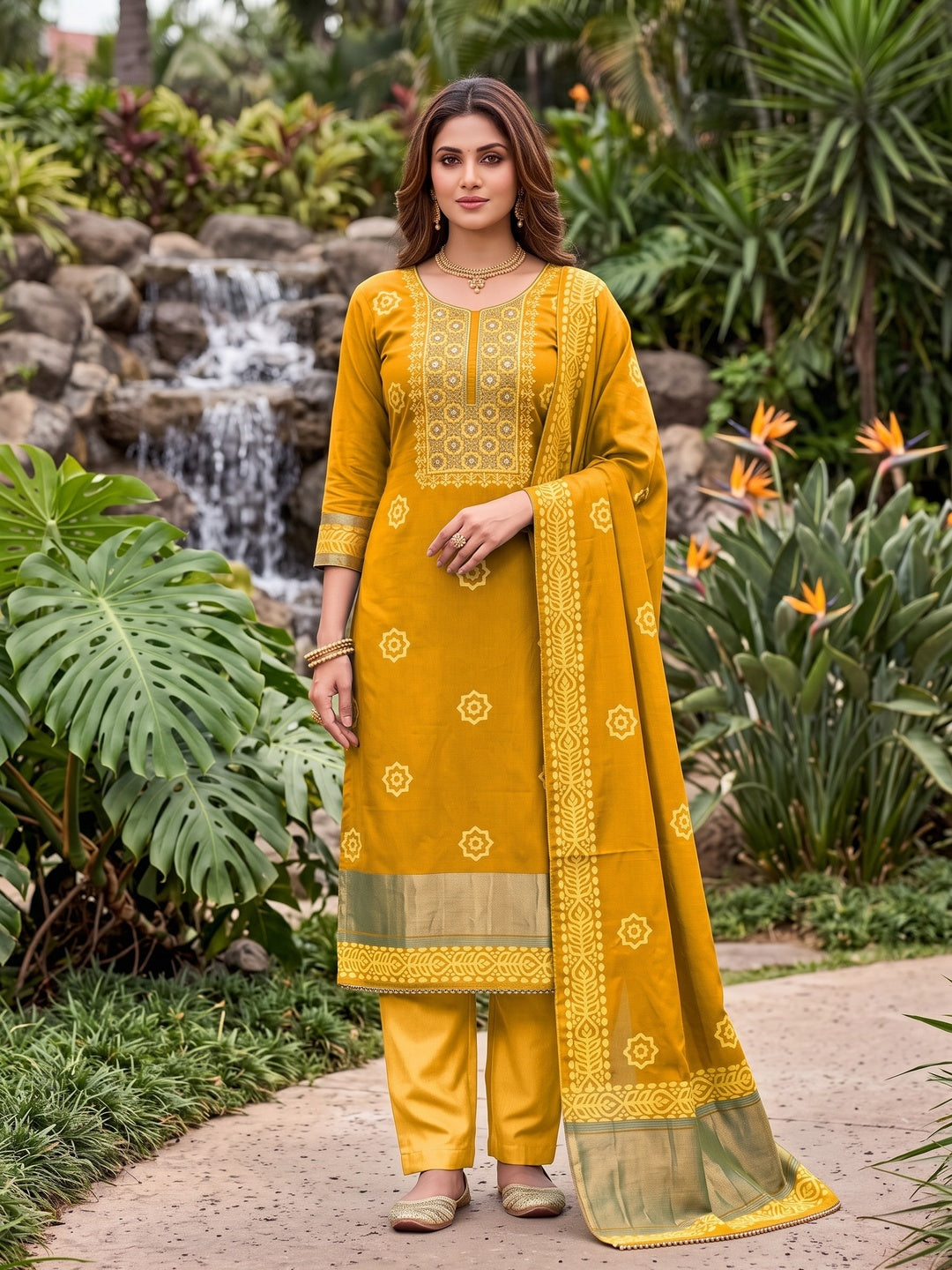 Peachmode Mustard Unstitched Dress Material - Image 2