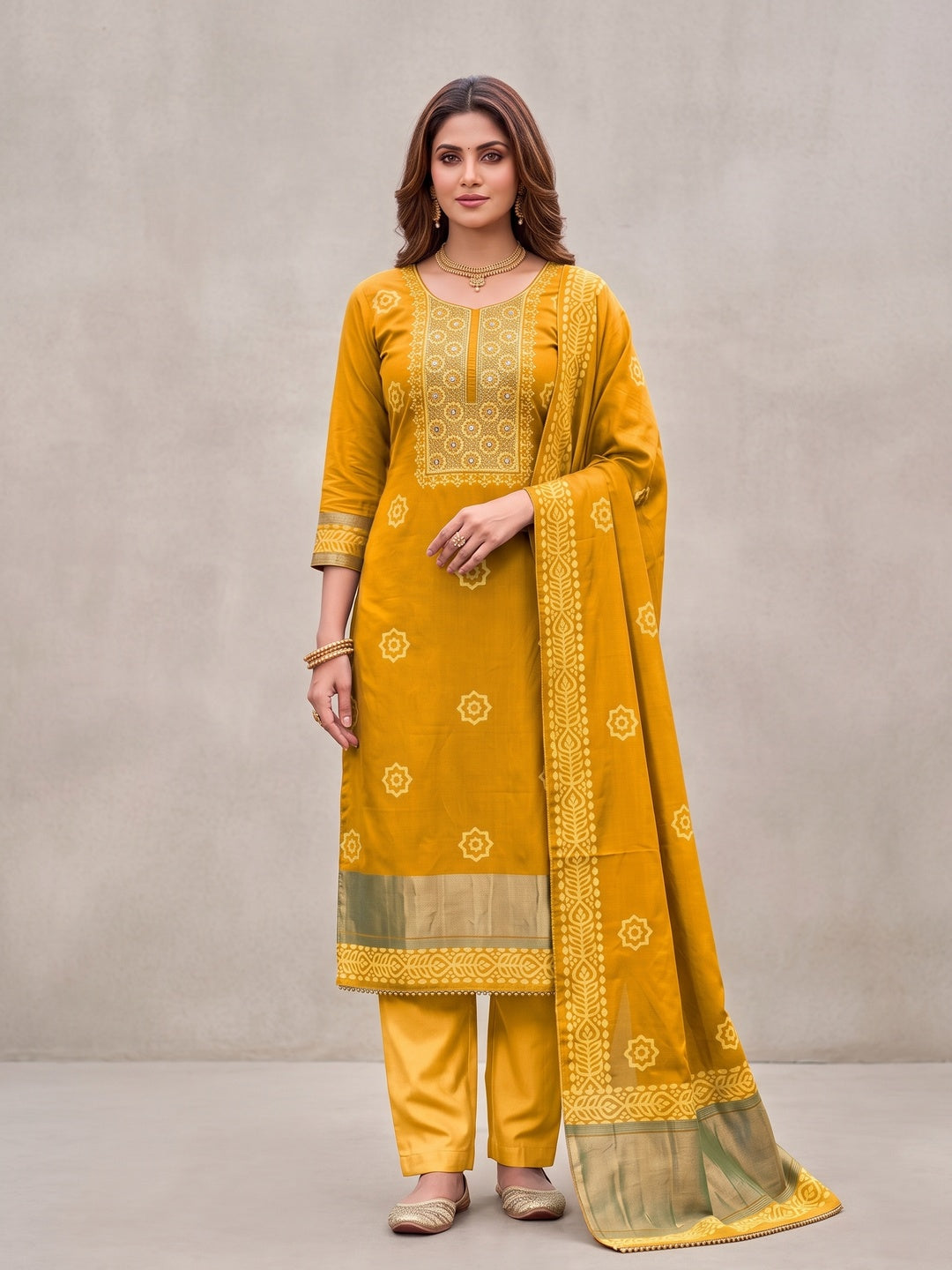 Peachmode Mustard Unstitched Dress Material - Image 4