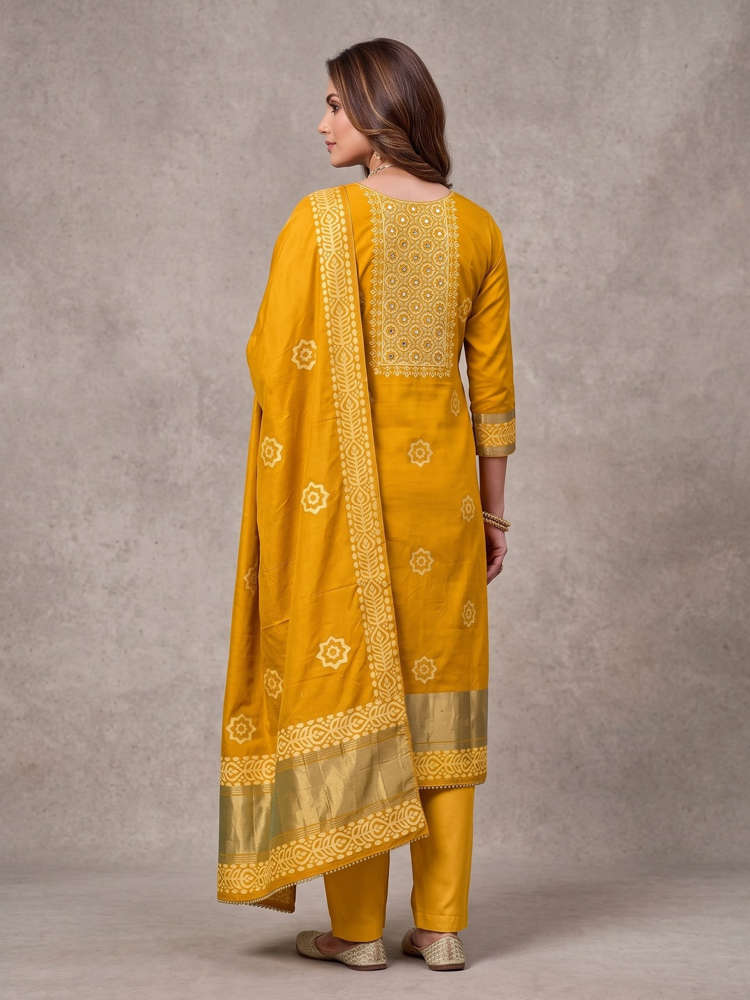 Peachmode Mustard Unstitched Dress Material - Image 5