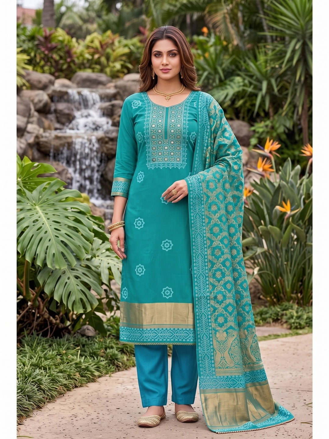 Peachmode Turquoise Unstitched Dress Material - Image 2