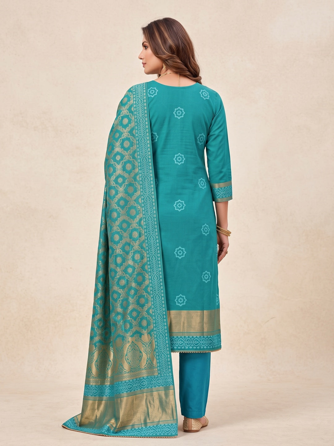 Peachmode Turquoise Unstitched Dress Material - Image 5