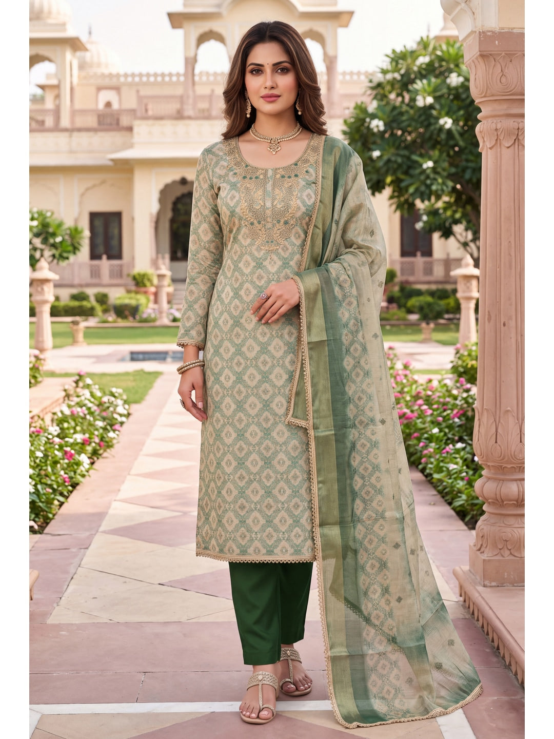 Peachmode Green Unstitched Dress Material - Image 3