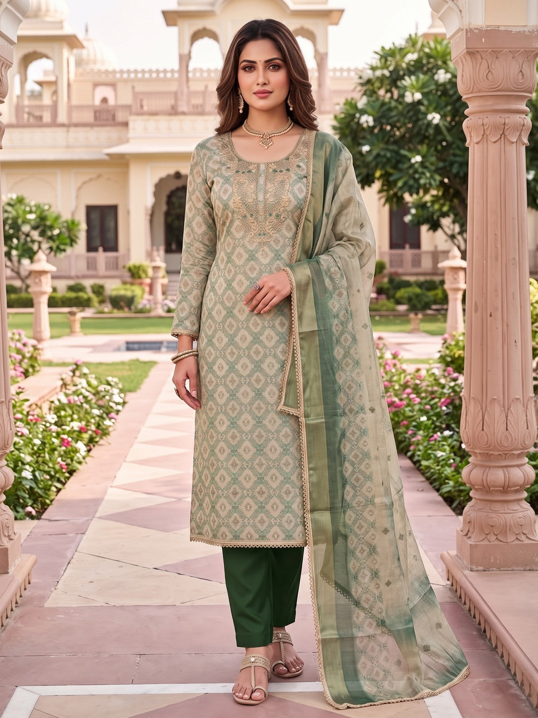 Peachmode Green Unstitched Dress Material - Image 2