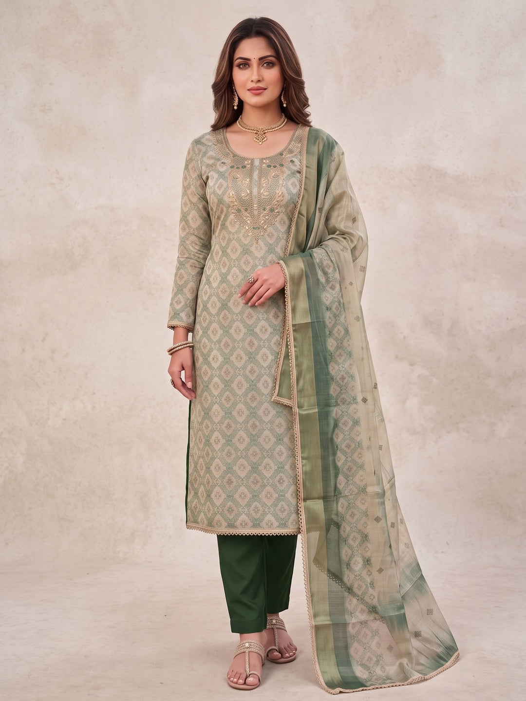 Peachmode Green Unstitched Dress Material - Image 4