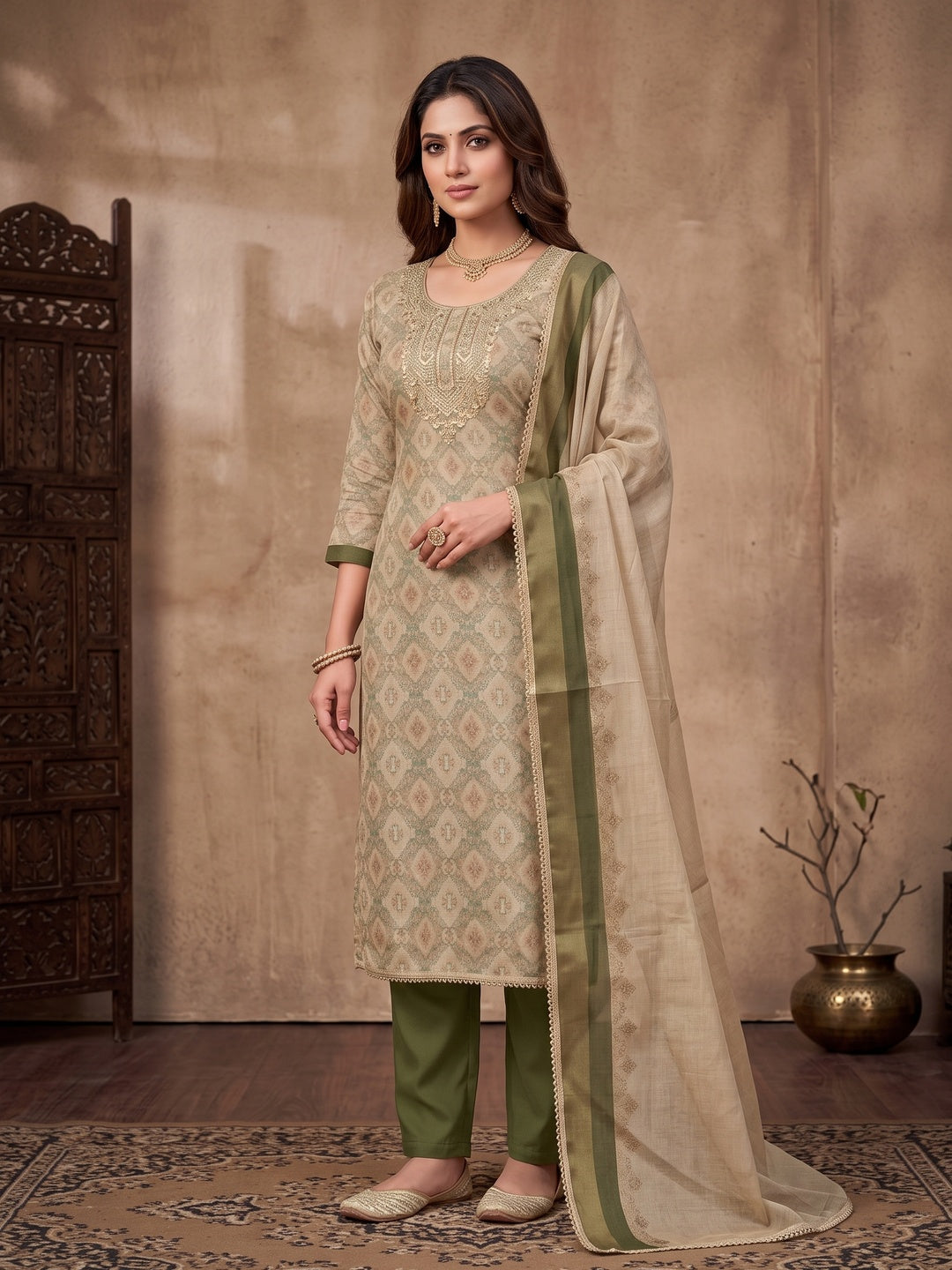 Peachmode Olive Unstitched Dress Material - Image 2