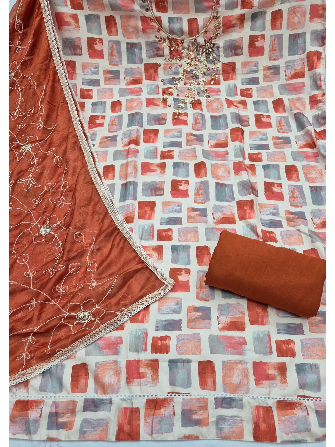 Peachmode Orange Unstitched Dress Material - Image 1