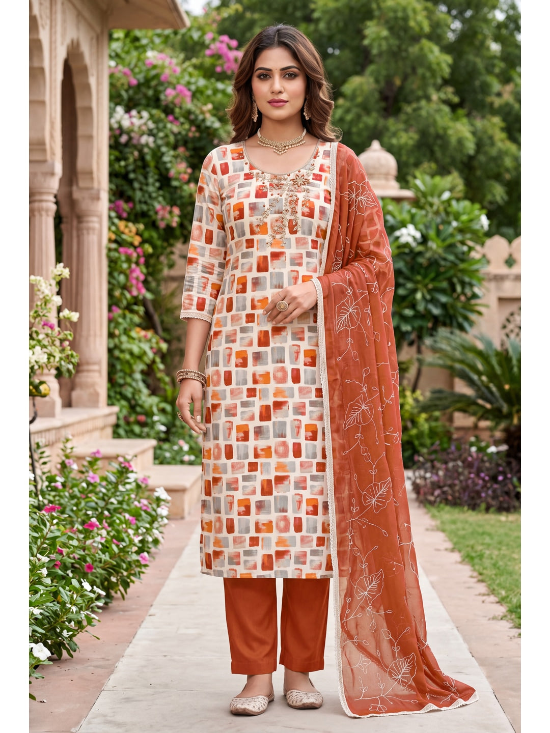 Peachmode Orange Unstitched Dress Material - Image 3