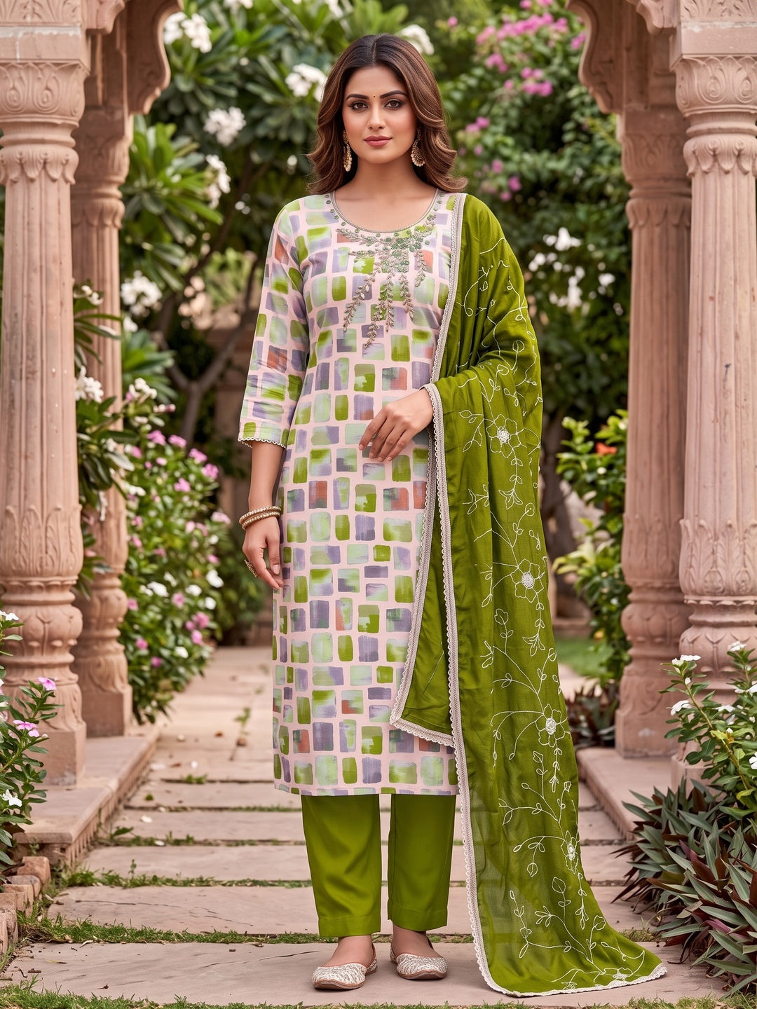 Peachmode Green Unstitched Dress Material - Image 2