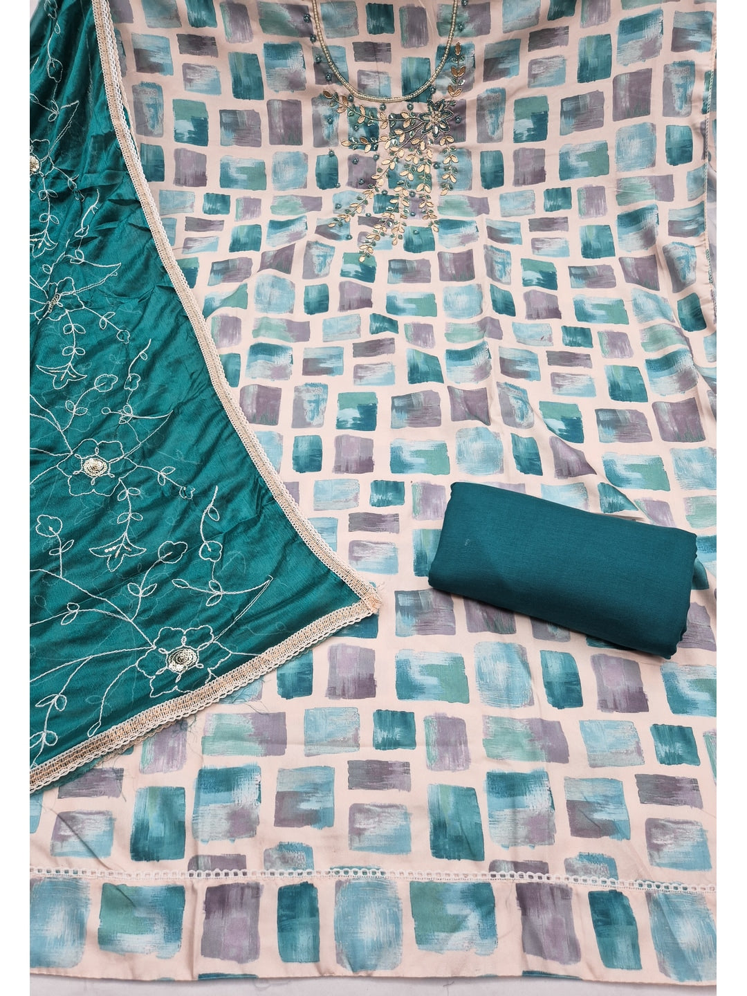 Peachmode Turquoise Unstitched Dress Material - Image 1