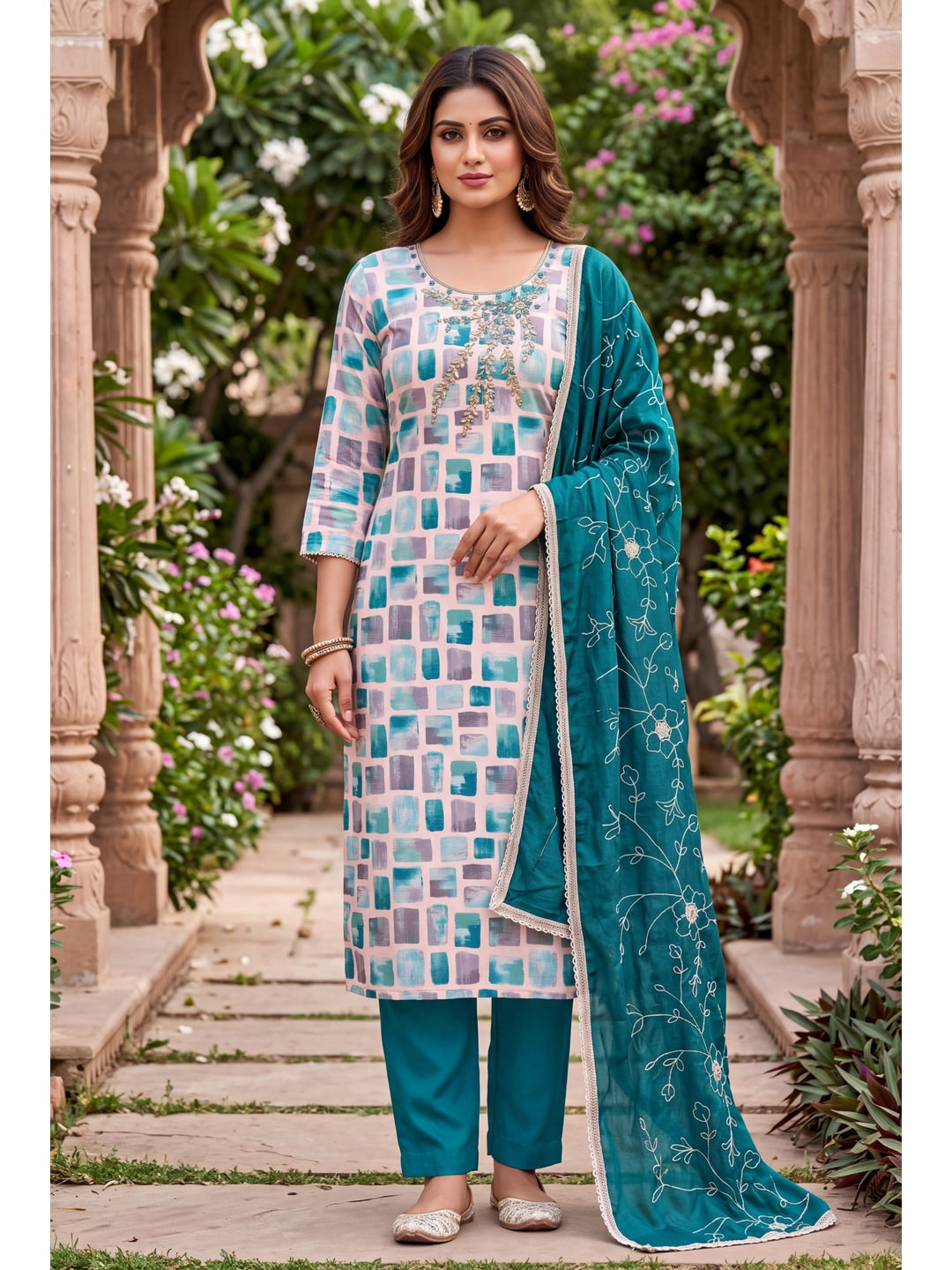 Peachmode Turquoise Unstitched Dress Material - Image 3