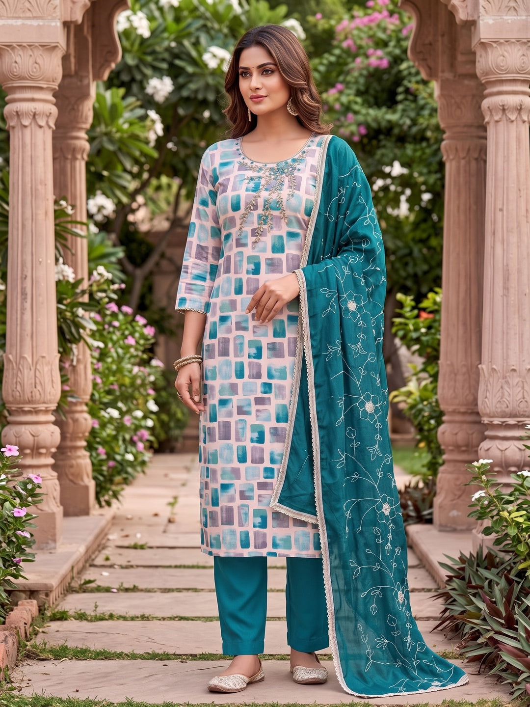 Peachmode Turquoise Unstitched Dress Material - Image 2