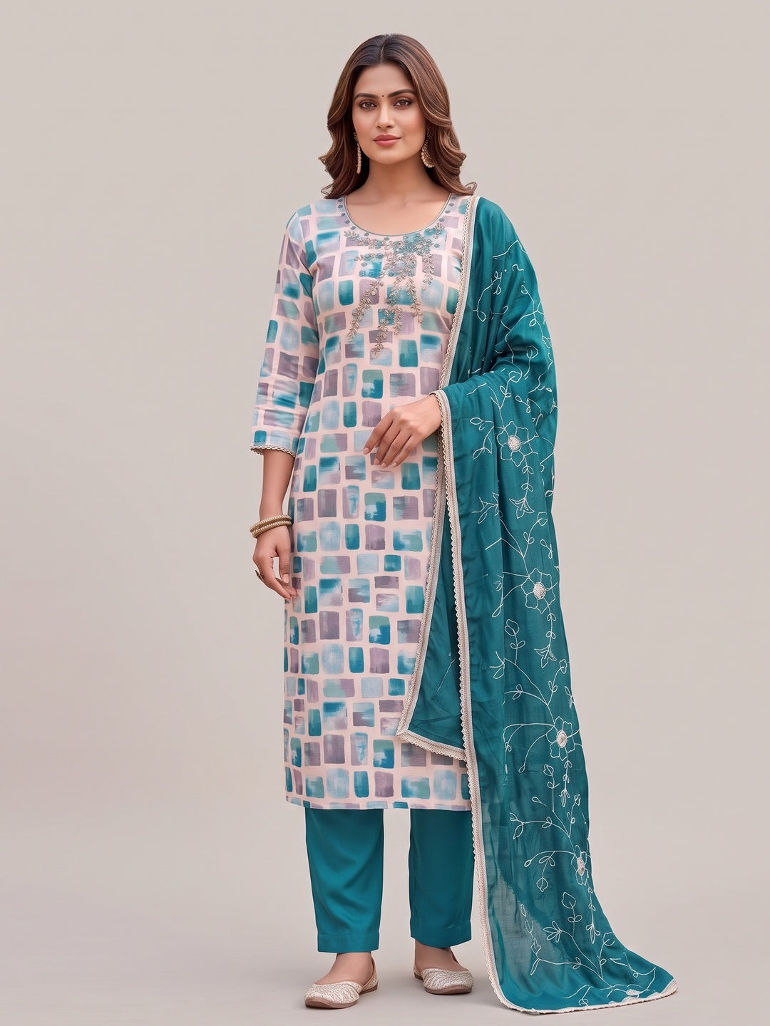 Peachmode Turquoise Unstitched Dress Material - Image 4