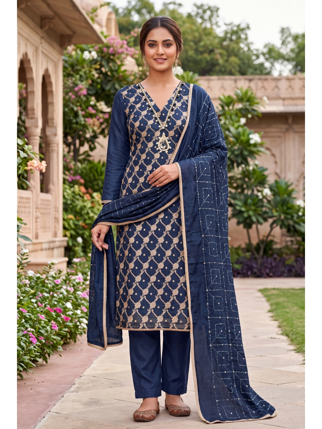 Peachmode Navy Blue Unstitched Dress Material - Image 3