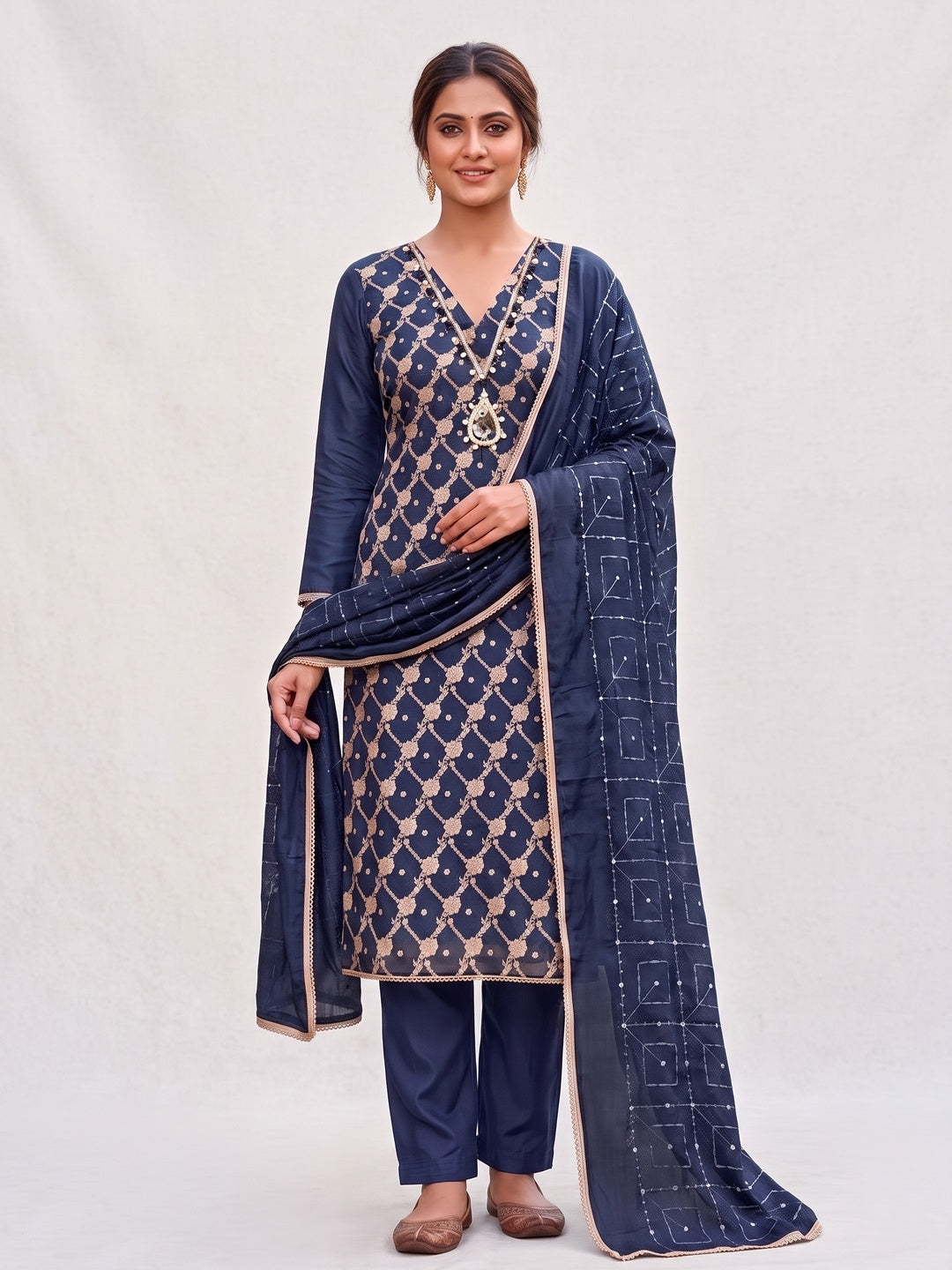 Peachmode Navy Blue Unstitched Dress Material - Image 4