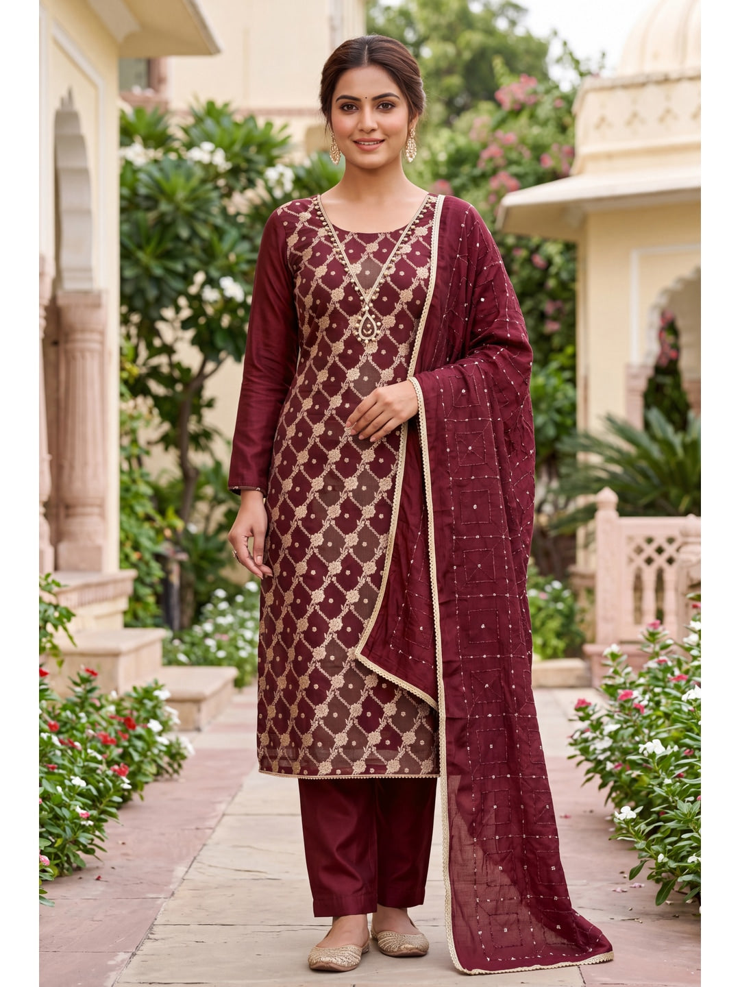Peachmode Maroon Unstitched Dress Material - Image 3