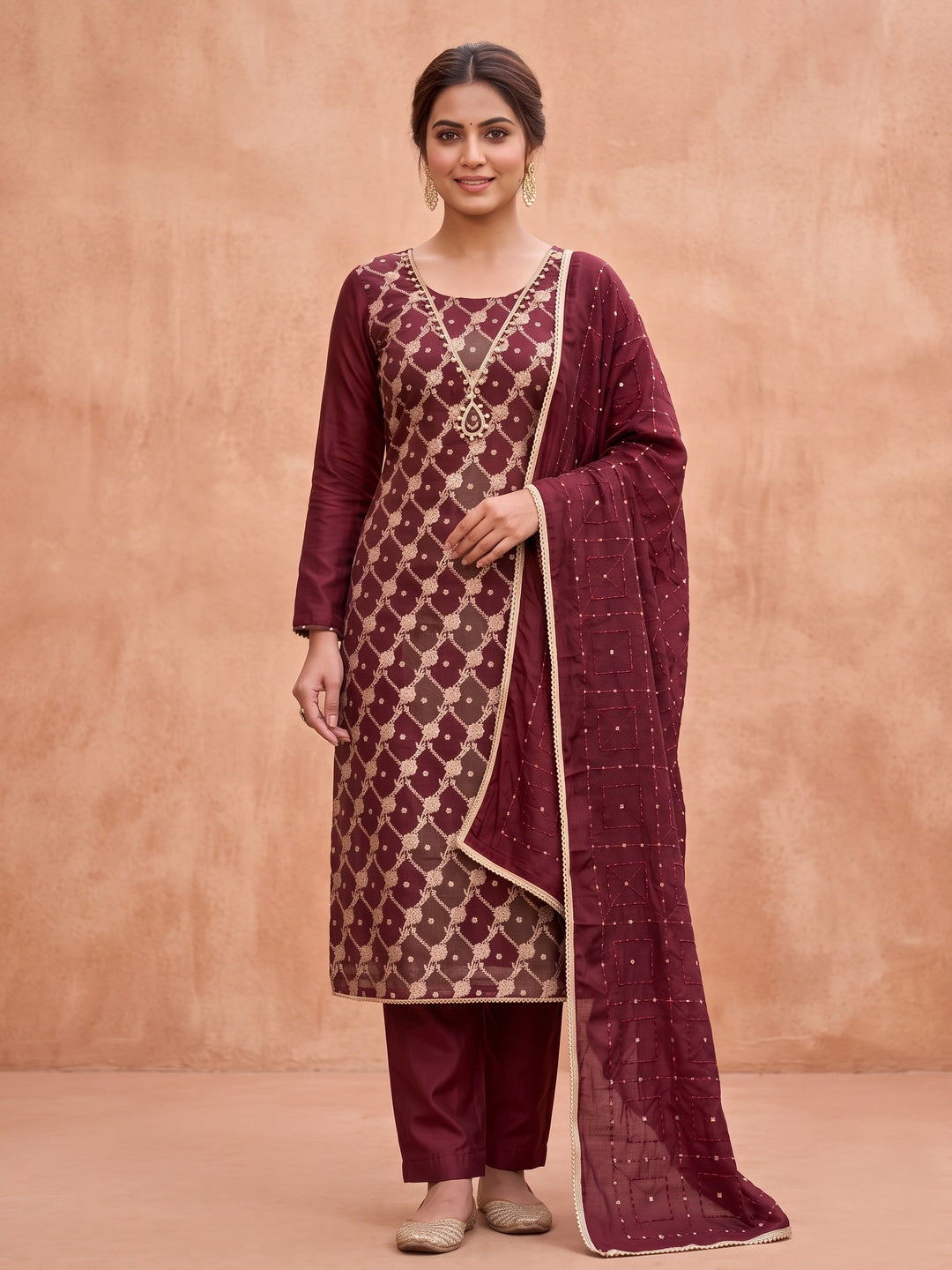 Peachmode Maroon Unstitched Dress Material - Image 2
