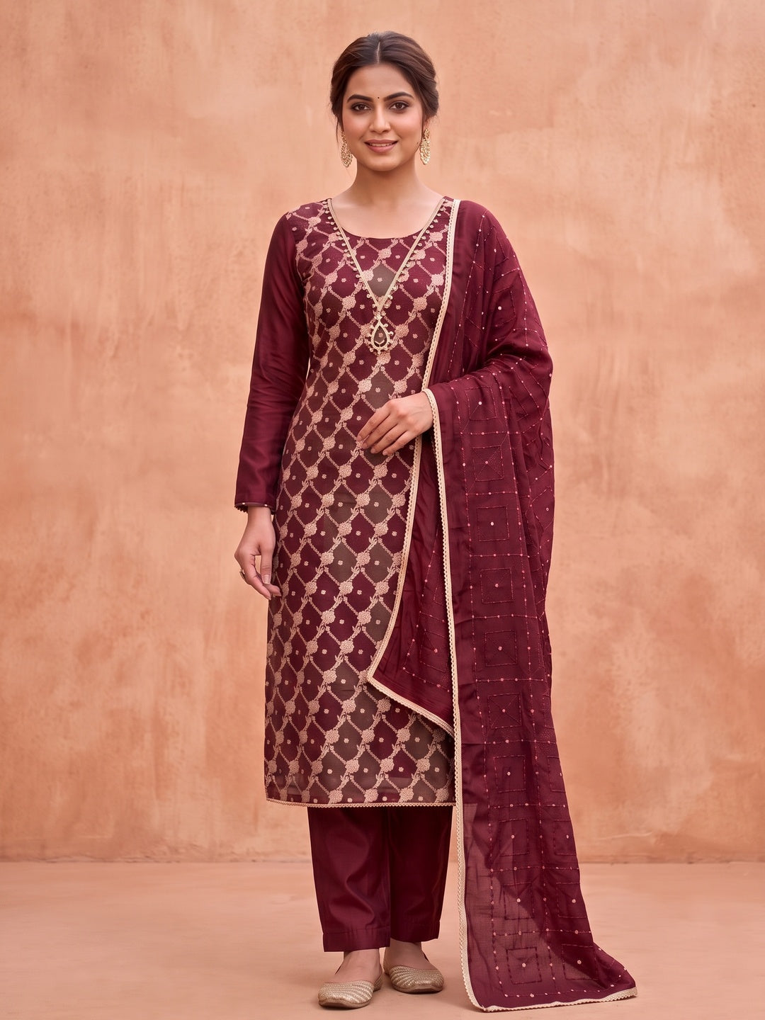 Peachmode Maroon Unstitched Dress Material - Image 4