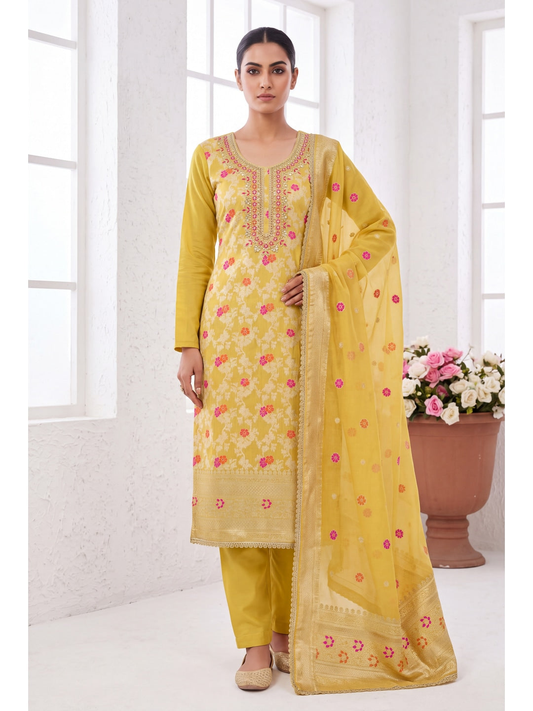 Peachmode Yellow Unstitched Dress Material - Image 3