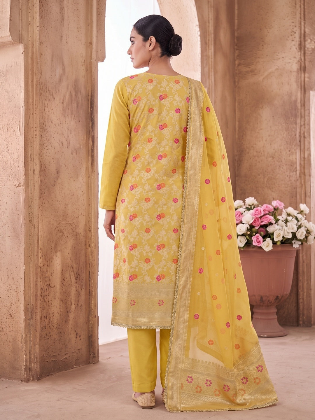 Peachmode Yellow Unstitched Dress Material - Image 5