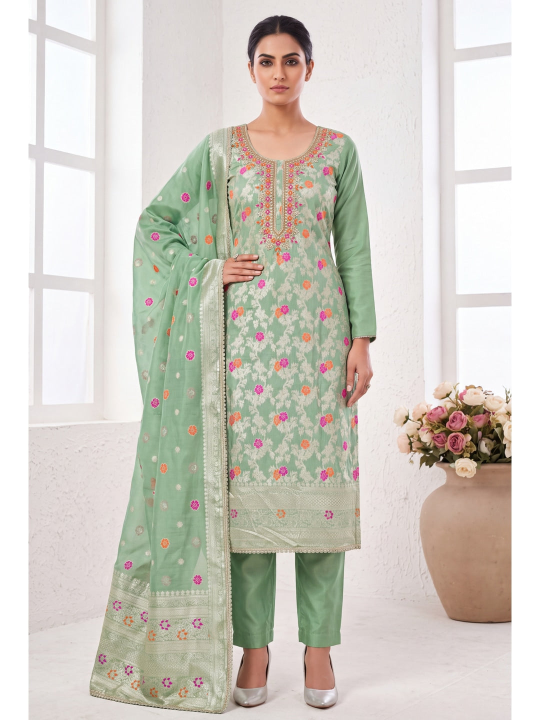 Peachmode Green Unstitched Dress Material - Image 3