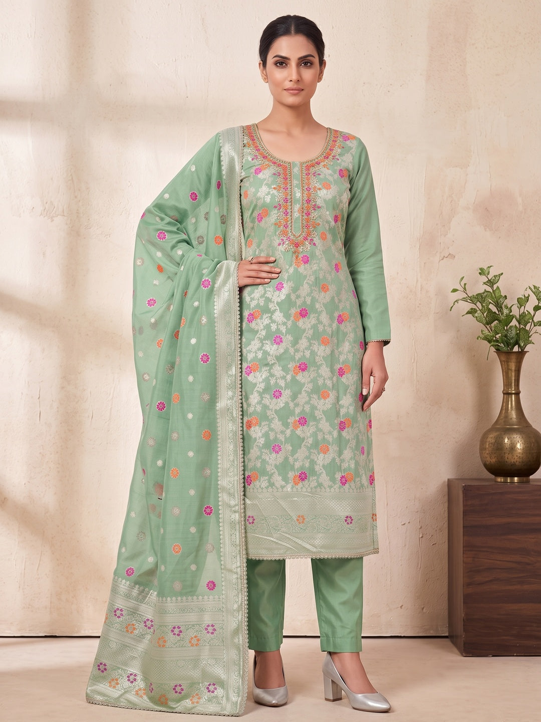 Peachmode Green Unstitched Dress Material - Image 2