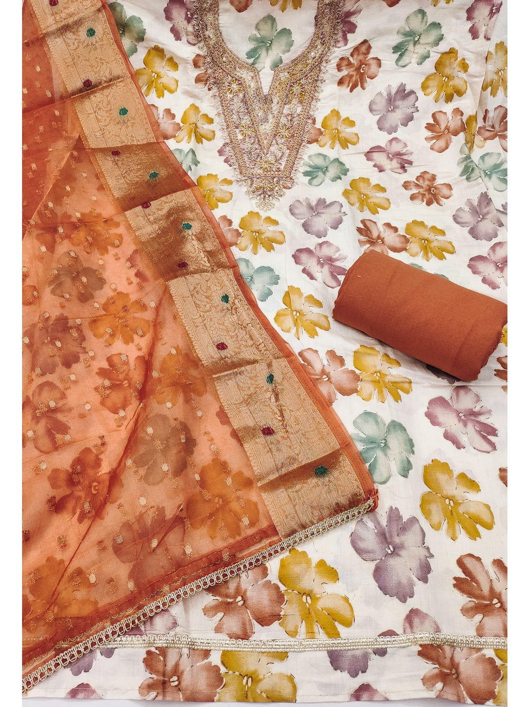 Peachmode Orange Unstitched Dress Material - Image 1