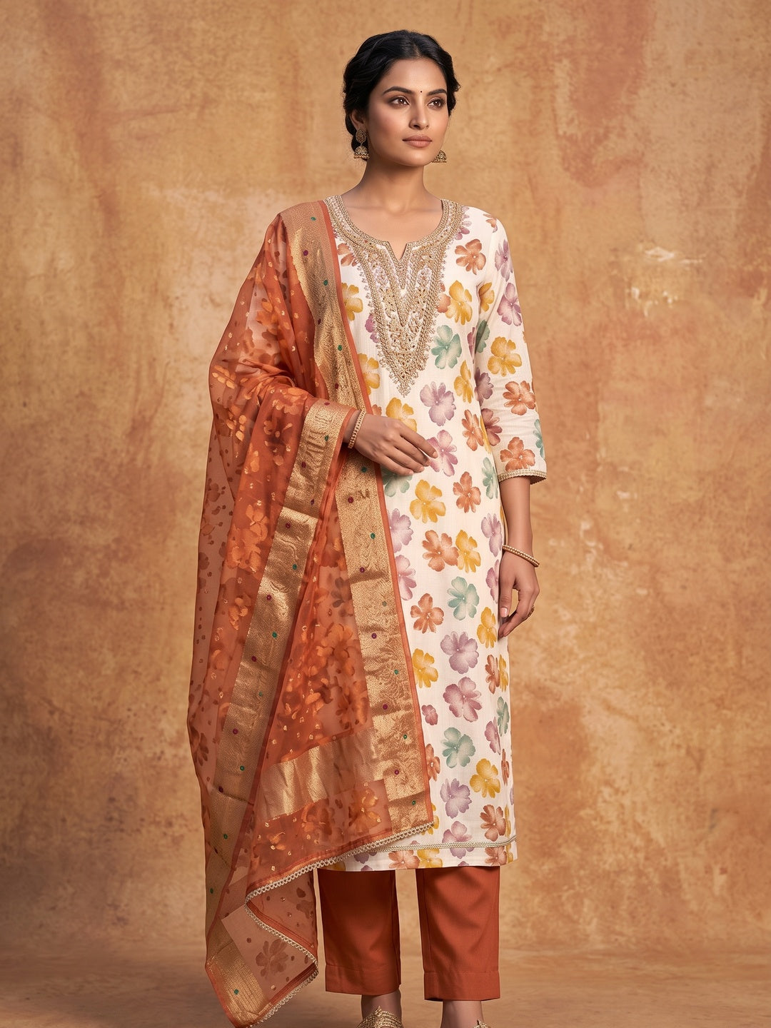 Peachmode Orange Unstitched Dress Material - Image 2