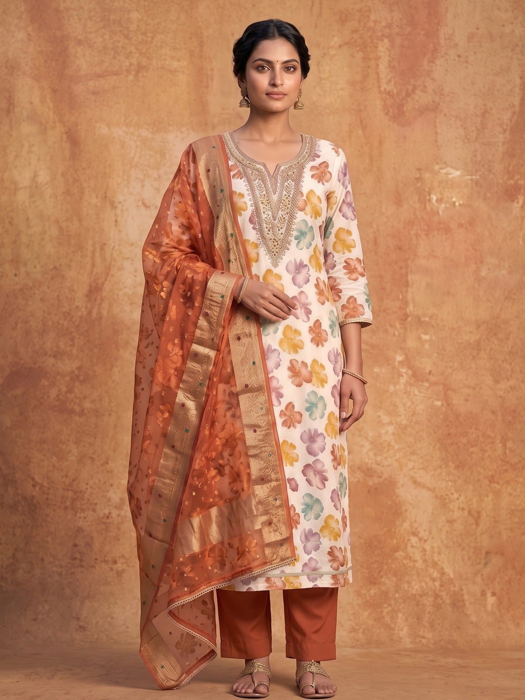 Peachmode Orange Unstitched Dress Material - Image 4
