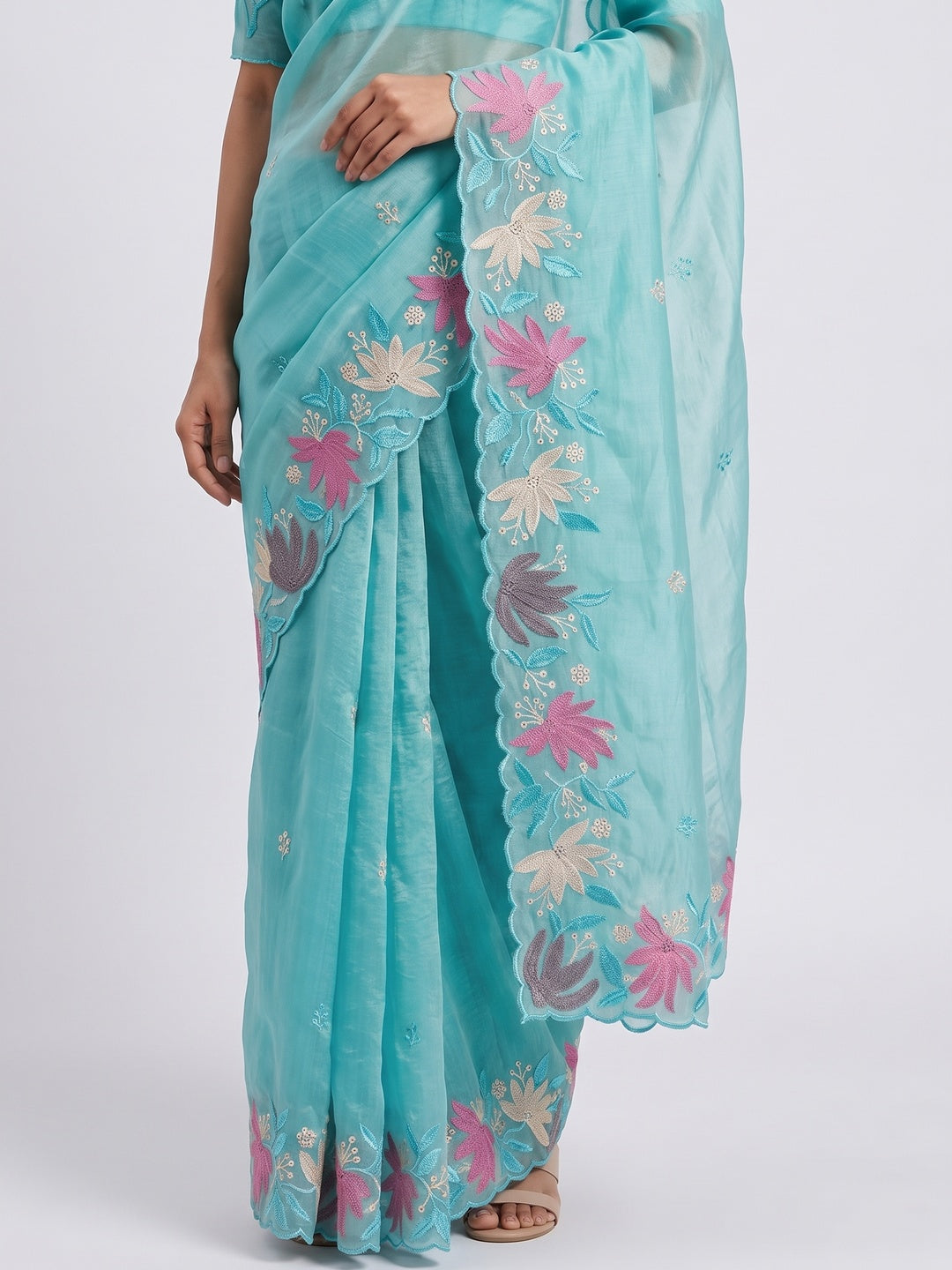 Turquoise Organza Party Saree with Intricate Floral Embroidery - Image 5