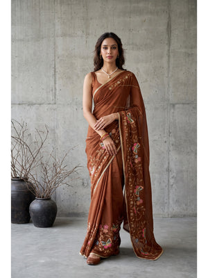 Peachmode Brown Floral Embroidered Star Georgette Saree - Image 1