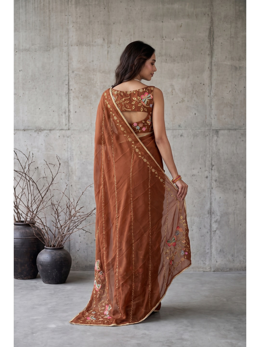 Peachmode Brown Floral Embroidered Star Georgette Saree - Image 2