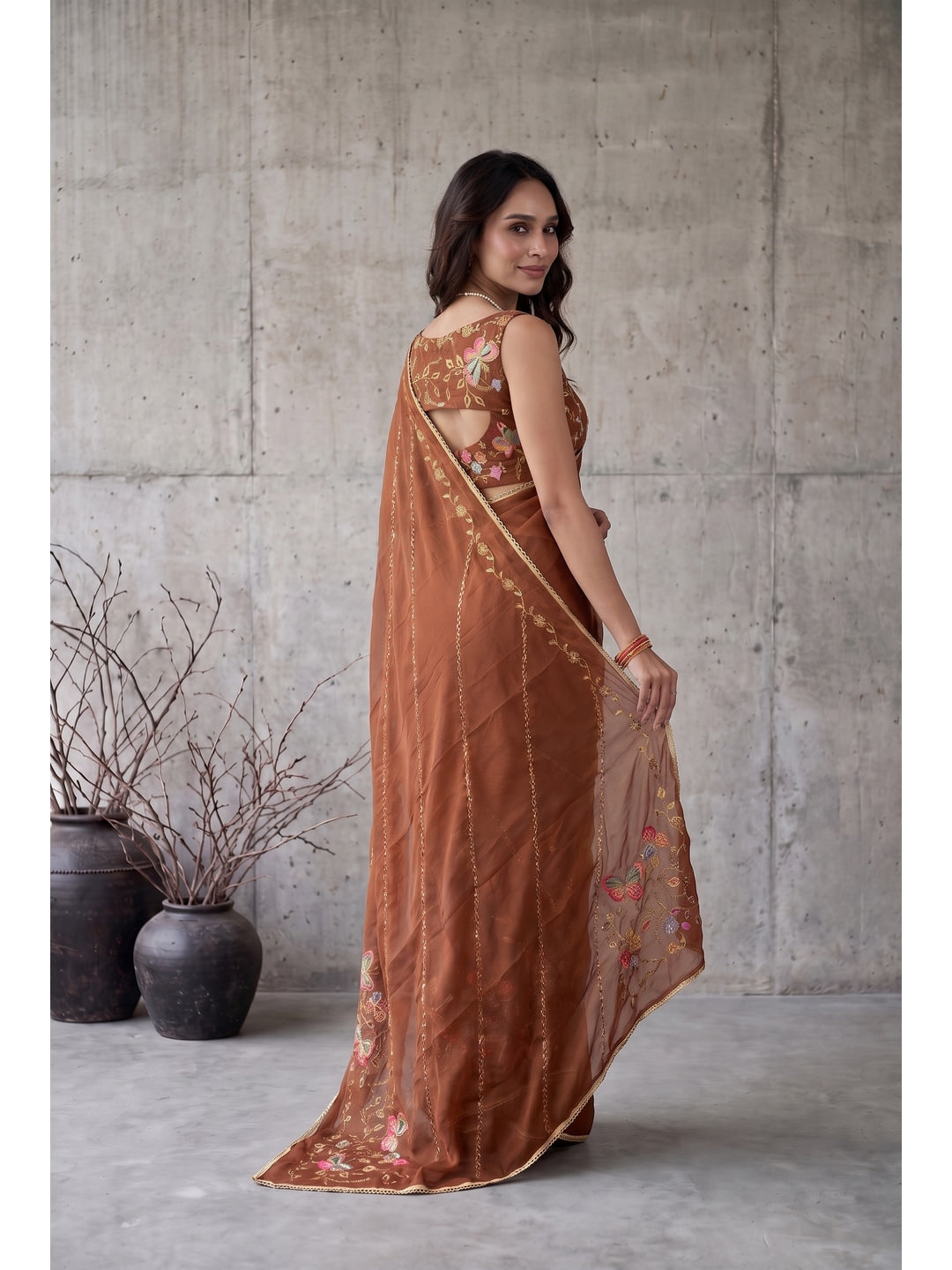 Peachmode Brown Floral Embroidered Star Georgette Saree - Image 3